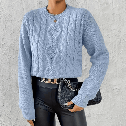 Nia | Cropped Cable Knit Jumper Blue Wool Blend Round Neck for Women