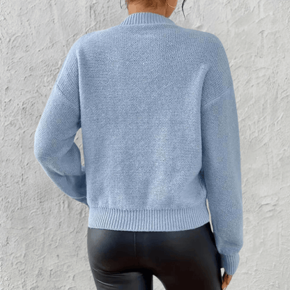 Nia | Cropped Cable Knit Jumper Blue Wool Blend Round Neck for Women
