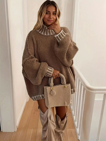 Elspeth | Oversized Turtleneck Jumper Mocha Knit Contrast Trim for Women