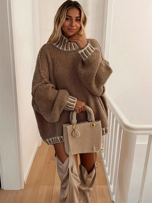 Elspeth | Oversized Turtleneck Jumper Mocha Knit Contrast Trim for Women