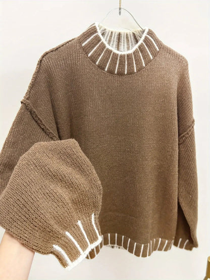 Elspeth | Oversized Turtleneck Jumper Mocha Knit Contrast Trim for Women