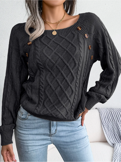 Rosamund | Cable Knit Sweater Black Wool-Blend Button Detail for Women