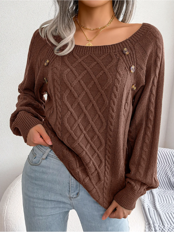 Rosamund | Cable Knit Sweater Black Wool-Blend Button Detail for Women
