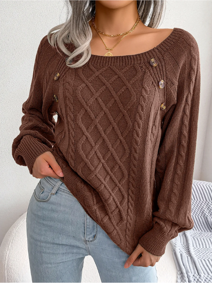 Rosamund | Cable Knit Sweater Black Wool-Blend Button Detail for Women