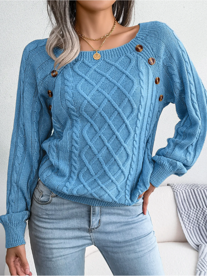 Rosamund | Cable Knit Sweater Black Wool-Blend Button Detail for Women