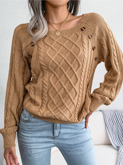 Rosamund | Cable Knit Sweater Black Wool-Blend Button Detail for Women