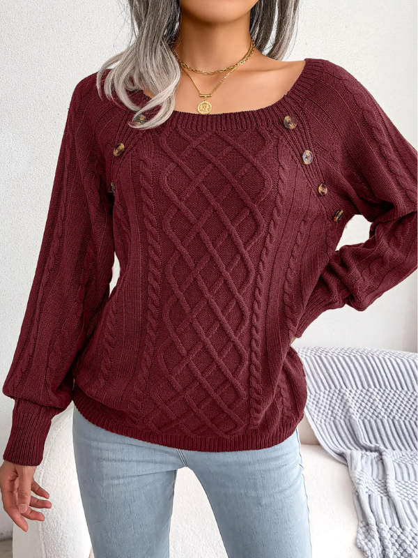 Rosamund | Cable Knit Sweater Black Wool-Blend Button Detail for Women