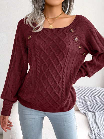 Rosamund | Cable Knit Sweater Black Wool-Blend Button Detail for Women