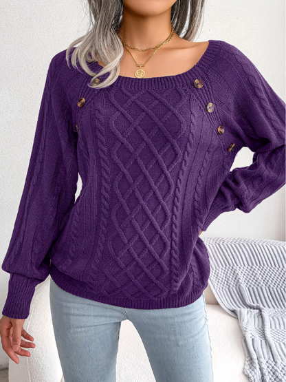 Rosamund | Cable Knit Sweater Black Wool-Blend Button Detail for Women
