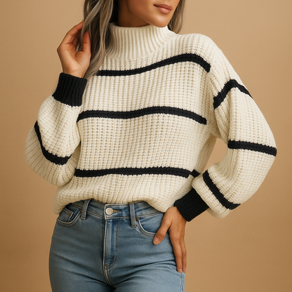 Prudence | Striped Knit Jumper Cream Black Wool Blend Mock Neck for Women