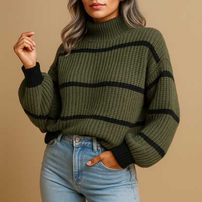 Prudence | Striped Knit Jumper Cream Black Wool Blend Mock Neck for Women