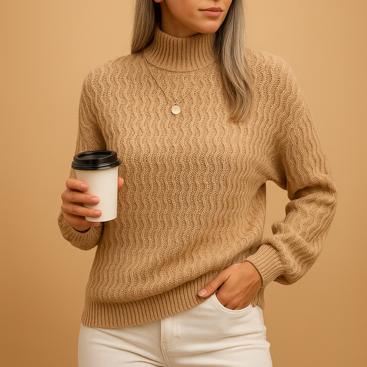 Heloise | Turtleneck Sweater Camel Wool Blend Textured Knit for Women