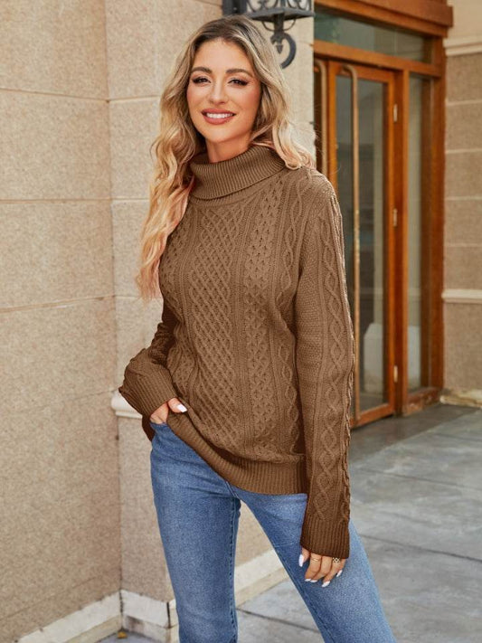 Elowen | Turtleneck Cable Knit Jumper Brown Wool Blend Regular Fit for Women
