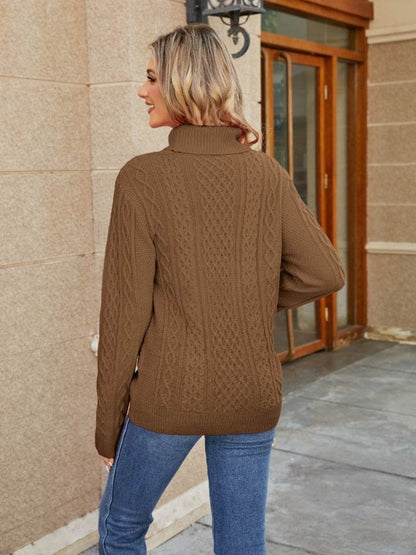 Elowen | Turtleneck Cable Knit Jumper Brown Wool Blend Regular Fit for Women