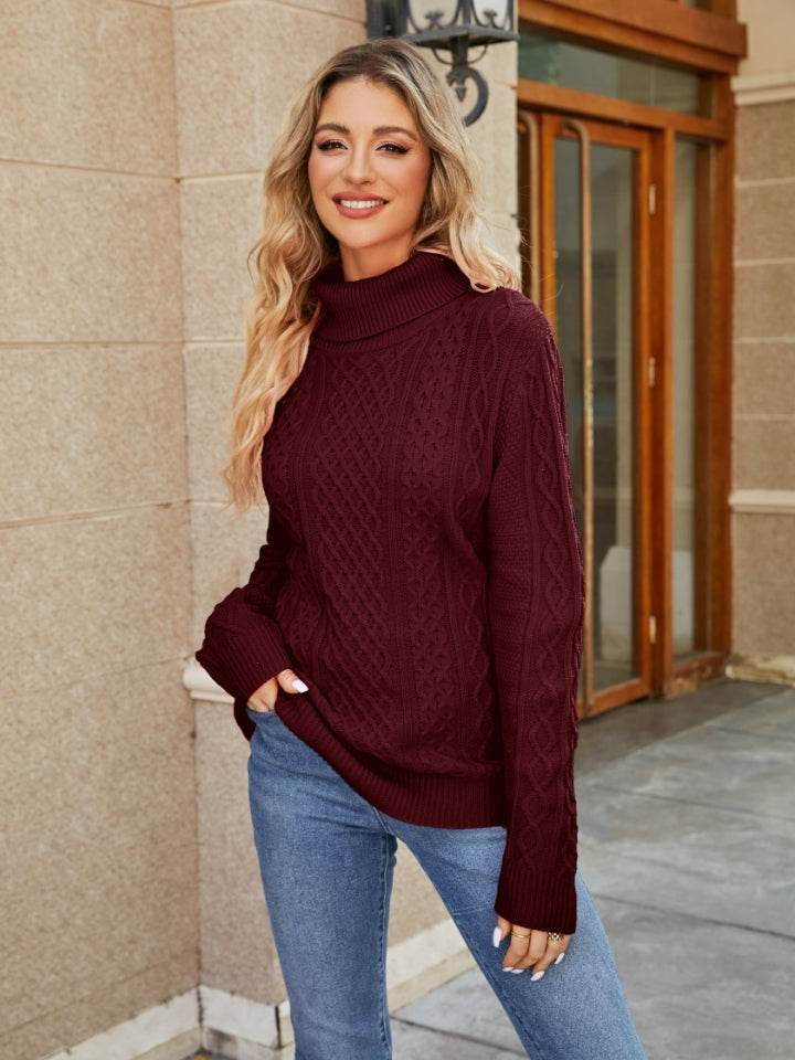 Elowen | Turtleneck Cable Knit Jumper Brown Wool Blend Regular Fit for Women