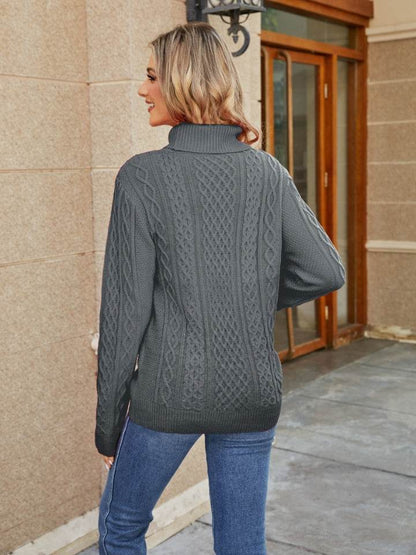 Elowen | Turtleneck Cable Knit Jumper Brown Wool Blend Regular Fit for Women