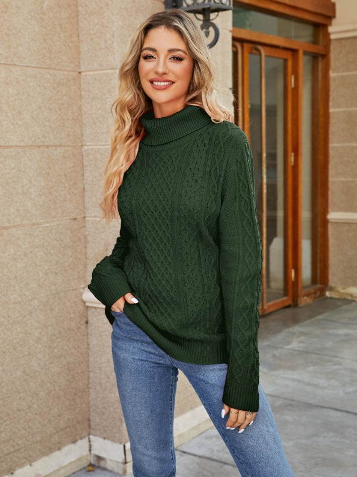 Elowen | Turtleneck Cable Knit Jumper Brown Wool Blend Regular Fit for Women