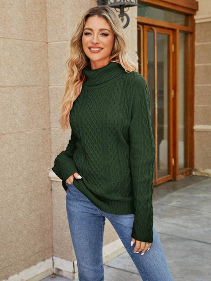 Elowen | Turtleneck Cable Knit Jumper Brown Wool Blend Regular Fit for Women