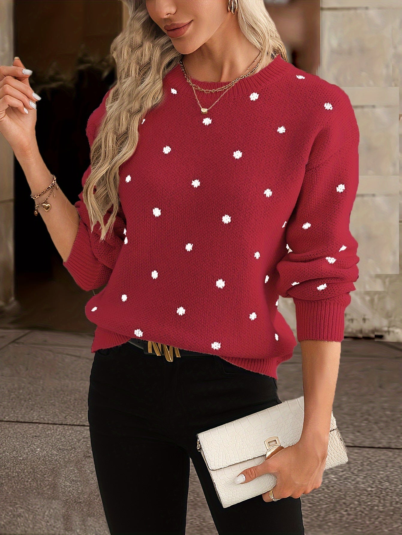 Lottie | Sweater Beige Wool Blend Polka Dot Knit Round Neck for Women