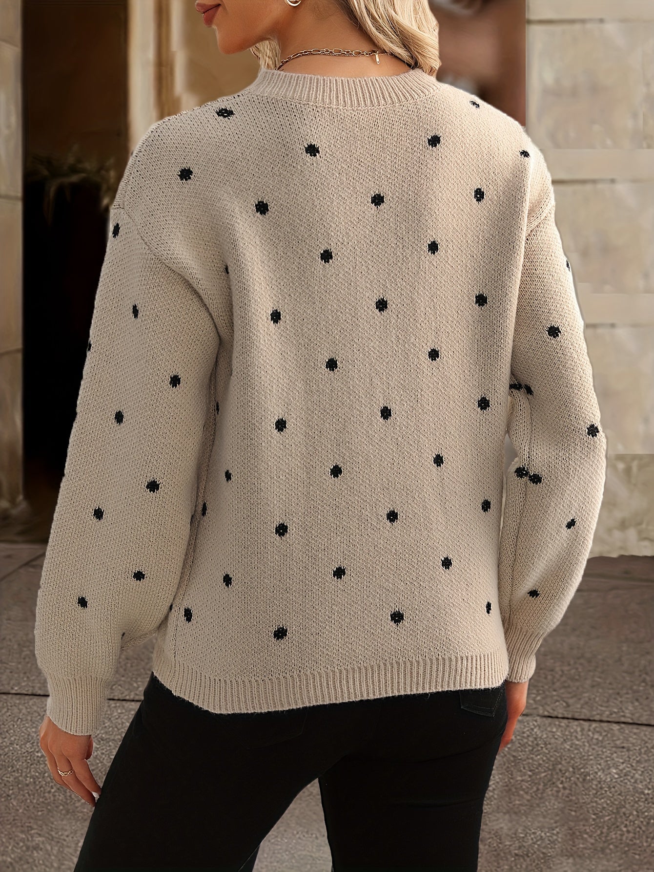 Lottie | Sweater Beige Wool Blend Polka Dot Knit Round Neck for Women
