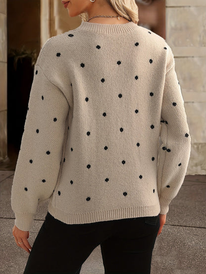 Lottie | Sweater Beige Wool Blend Polka Dot Knit Round Neck for Women