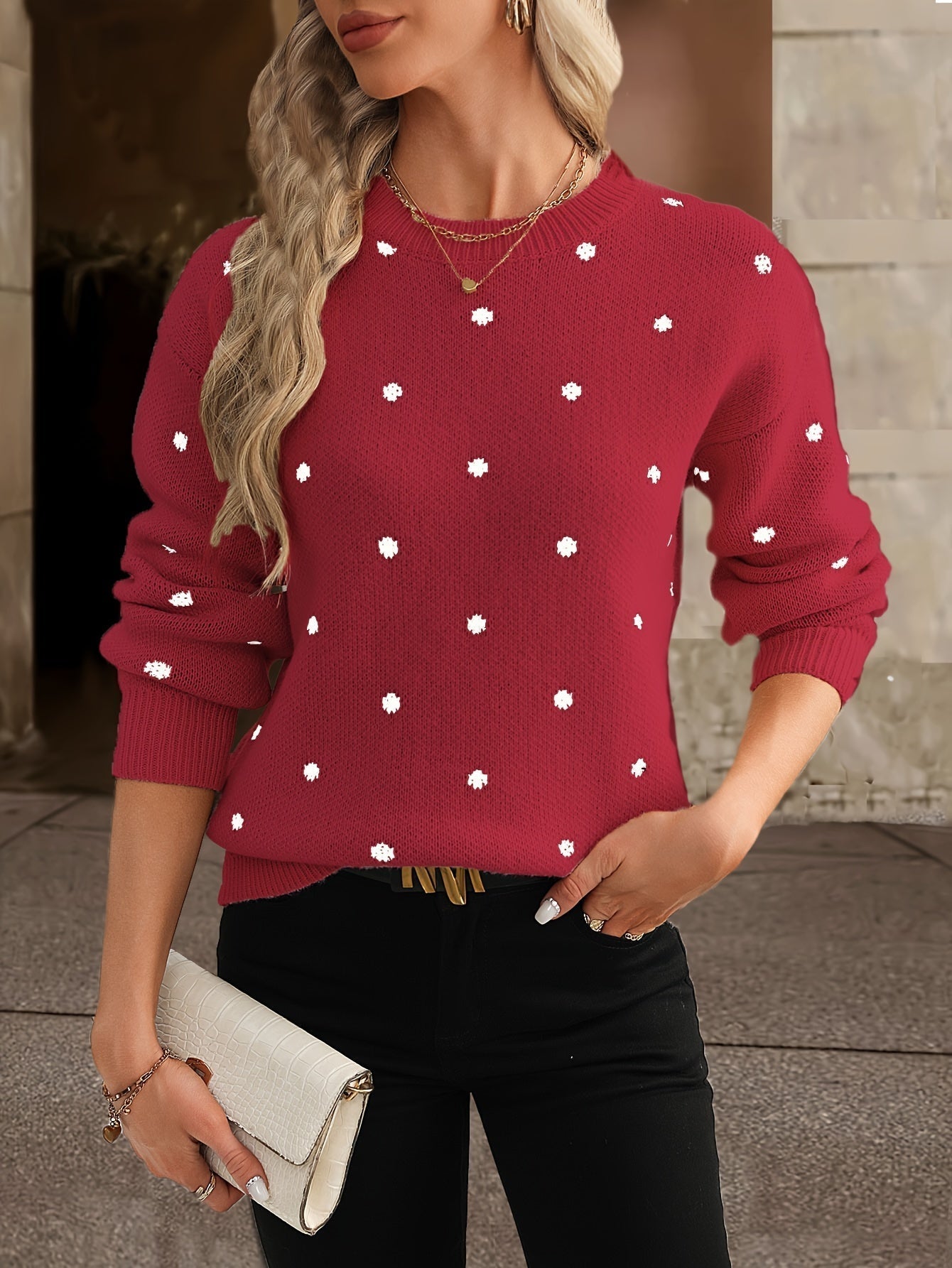 Lottie | Sweater Beige Wool Blend Polka Dot Knit Round Neck for Women