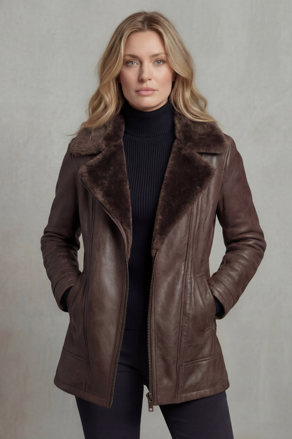 Phoebe | Leather Jacket Brown Faux Leather Shearling Collar for Women