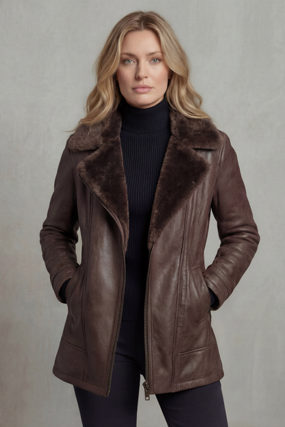 Phoebe | Leather Jacket Brown Faux Leather Shearling Collar for Women