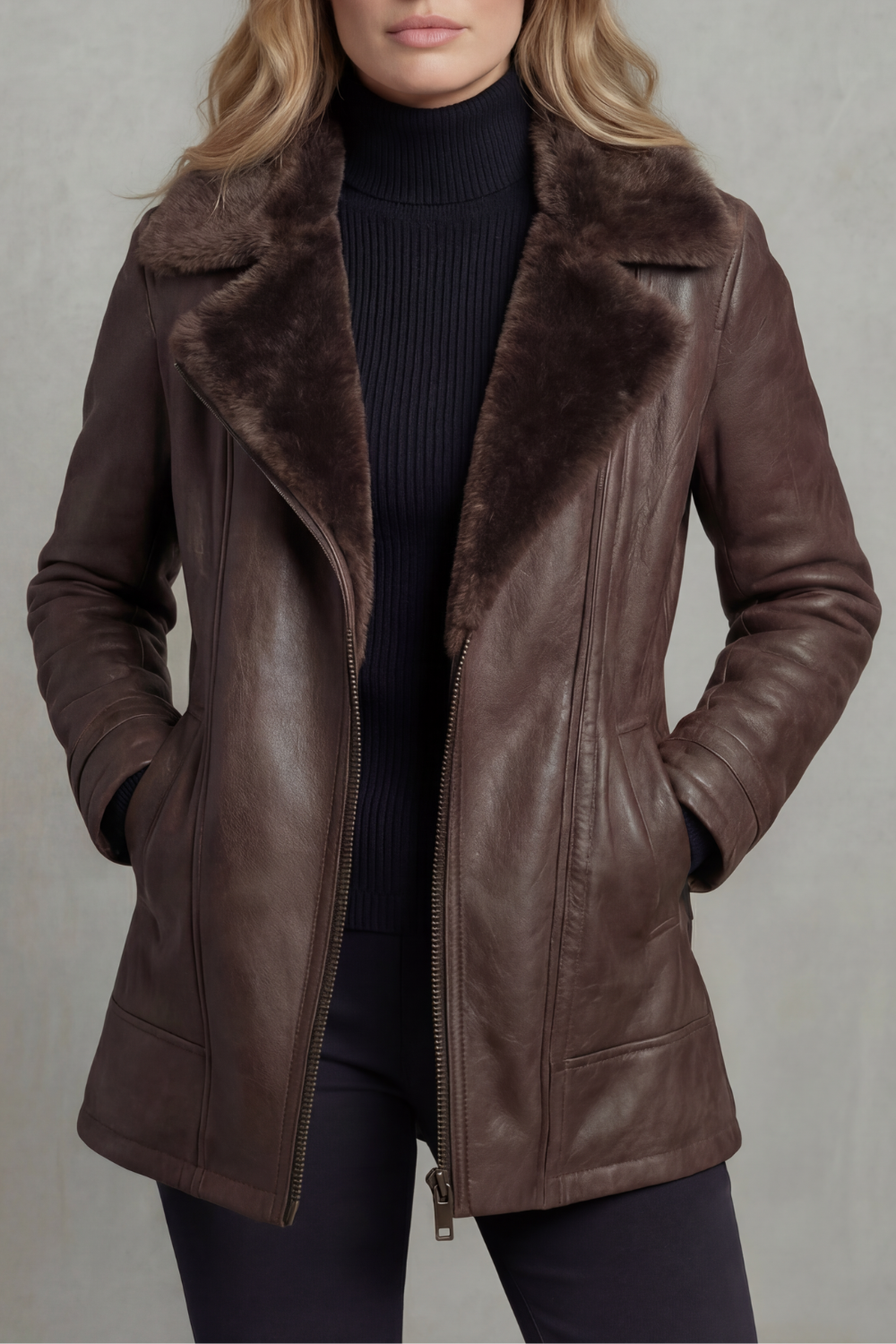 Phoebe | Leather Jacket Brown Faux Leather Shearling Collar for Women