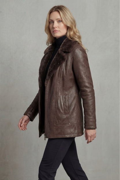 Phoebe | Leather Jacket Brown Faux Leather Shearling Collar for Women