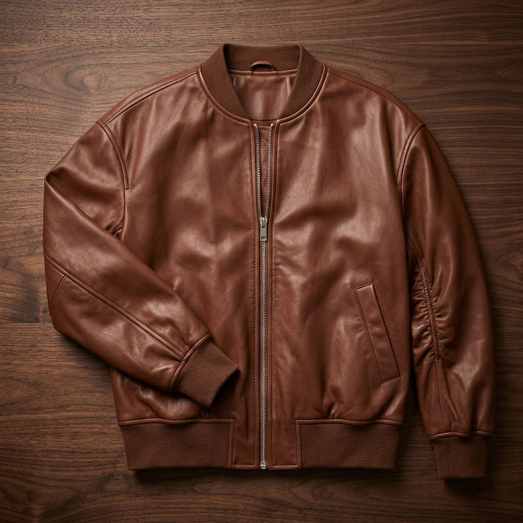 Blodwen | Bomber Jacket Cognac Leather Ribbed Trim for Women