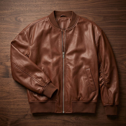 Blodwen | Bomber Jacket Cognac Leather Ribbed Trim for Women