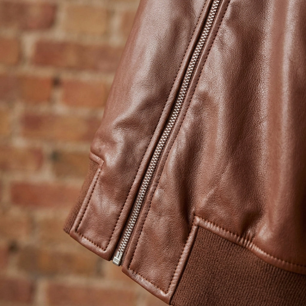 Blodwen | Bomber Jacket Cognac Leather Ribbed Trim for Women