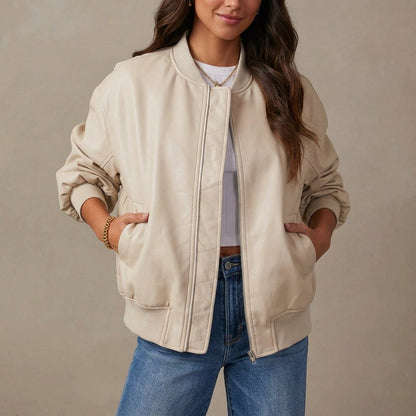 Blodwen | Bomber Jacket Cognac Leather Ribbed Trim for Women