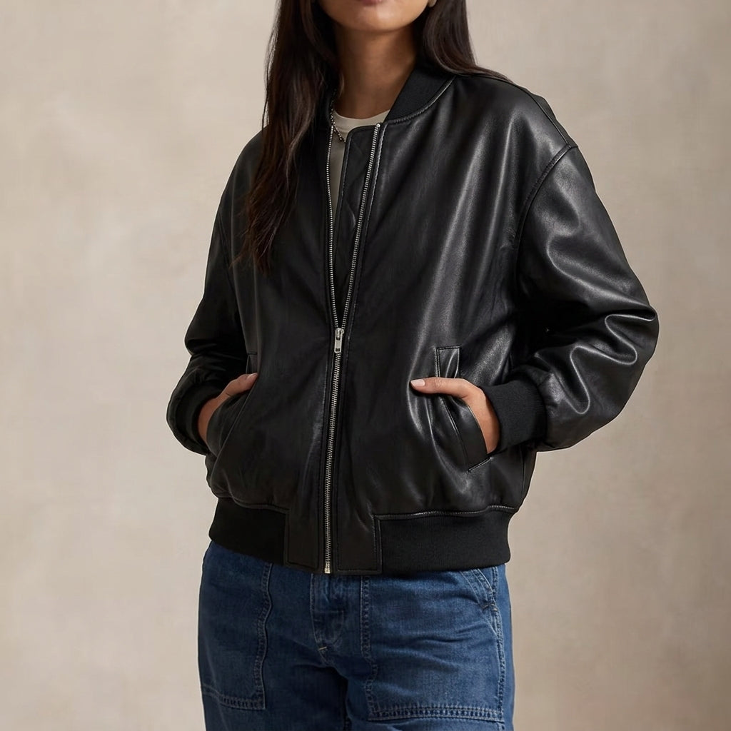 Blodwen | Bomber Jacket Cognac Leather Ribbed Trim for Women