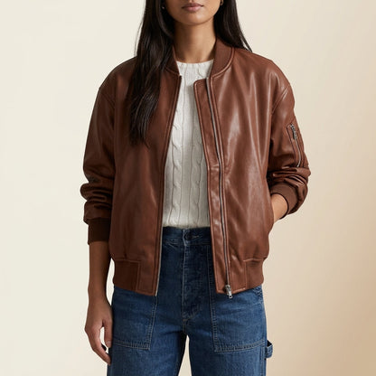 Blodwen | Bomber Jacket Cognac Leather Ribbed Trim for Women