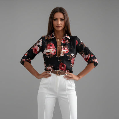 Eleanor | Printed Shirt White Black Abstract Print Collared for Women