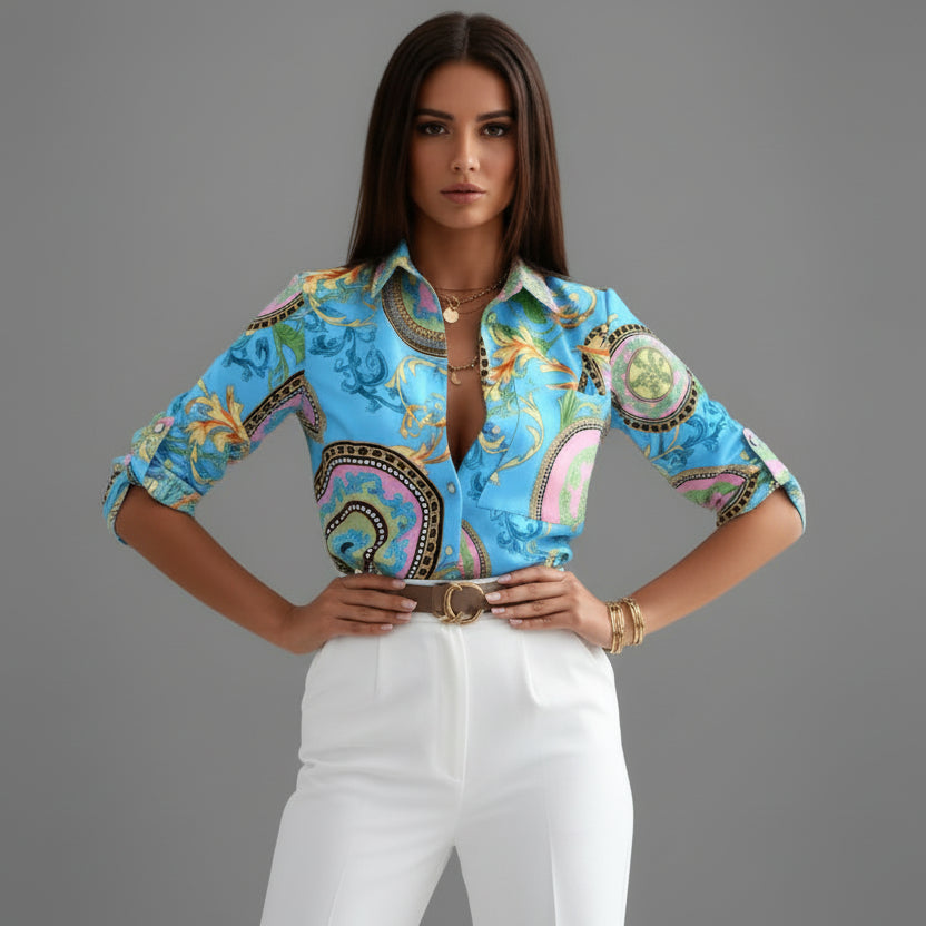 Eleanor | Printed Shirt White Black Abstract Print Collared for Women