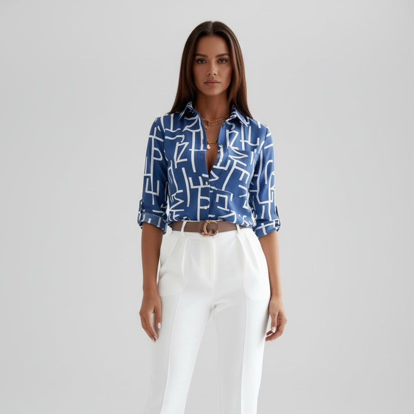 Eleanor | Printed Shirt White Black Abstract Print Collared for Women