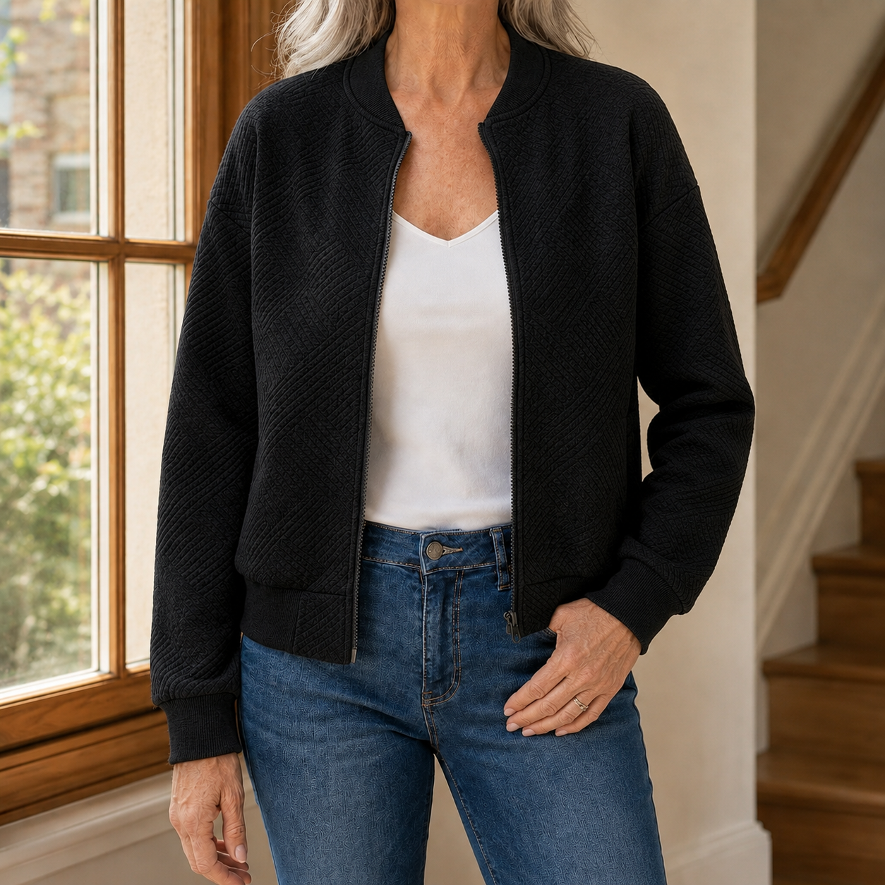 Beryl | Quilted Bomber Jacket Grey Geometric Texture for Women
