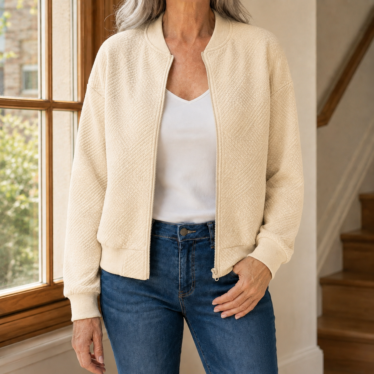 Beryl | Quilted Bomber Jacket Grey Geometric Texture for Women