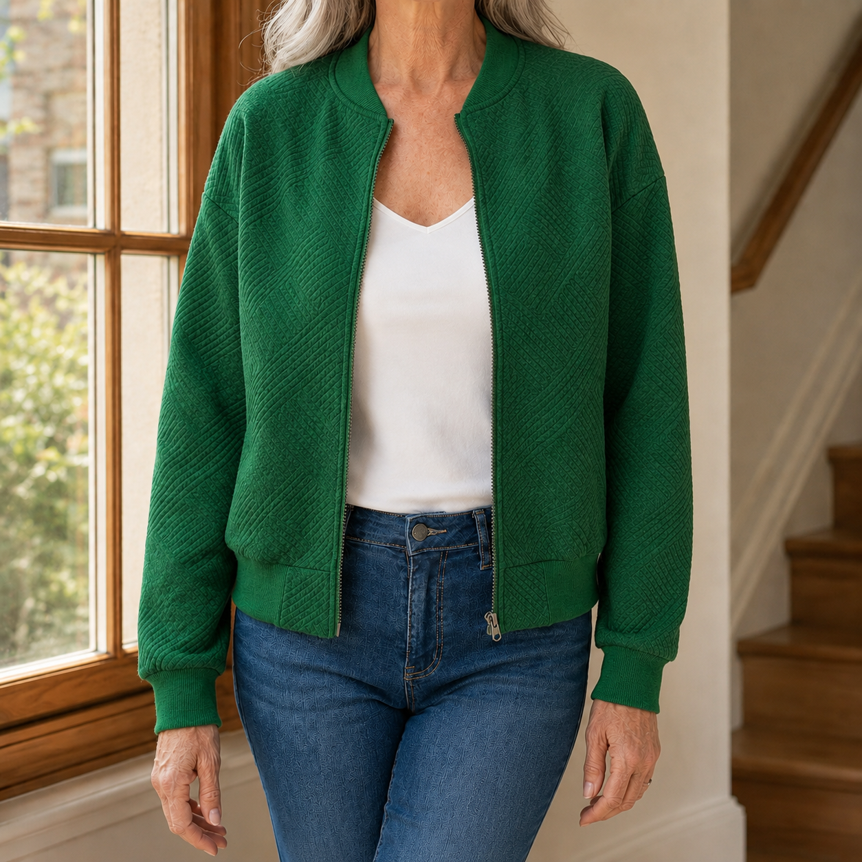 Beryl | Quilted Bomber Jacket Grey Geometric Texture for Women