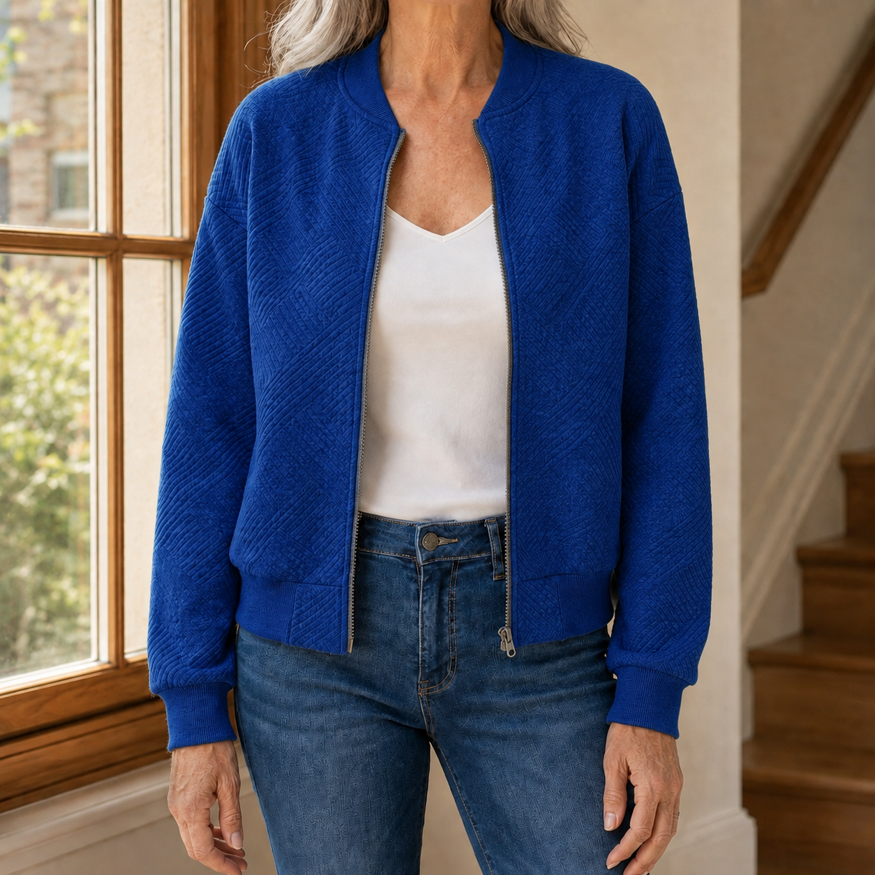 Beryl | Quilted Bomber Jacket Grey Geometric Texture for Women