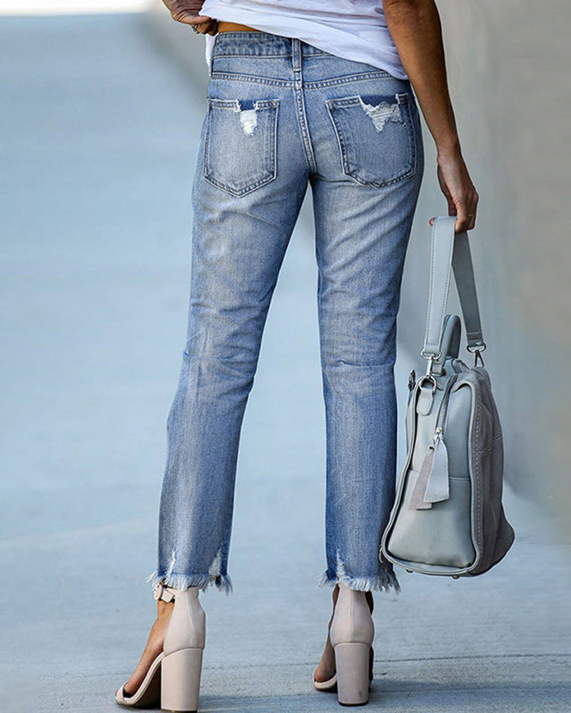 Edith | Straight Leg Jeans Light Blue Denim Ripped Distressed for Women