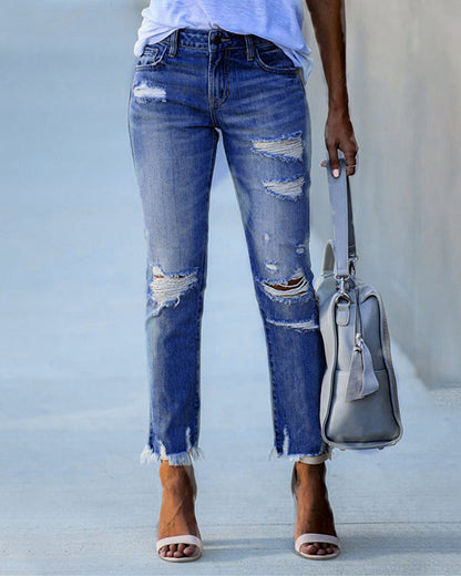 Edith | Straight Leg Jeans Light Blue Denim Ripped Distressed for Women