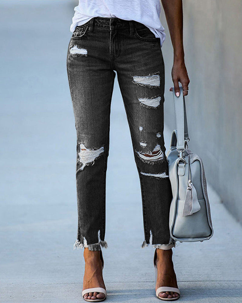 Edith | Straight Leg Jeans Light Blue Denim Ripped Distressed for Women