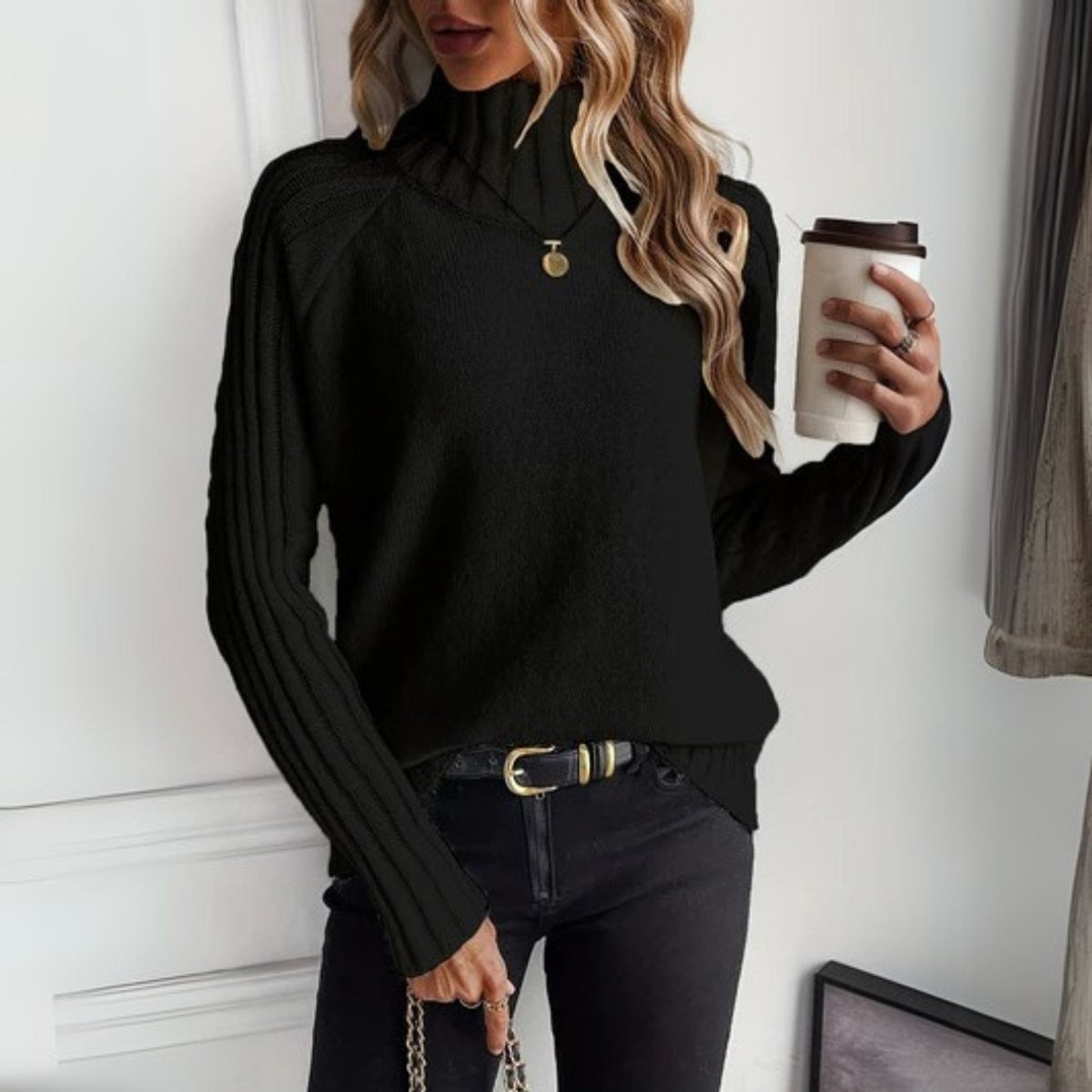 Mairwen | Turtleneck Jumper White Ribbed Raglan Sleeves for Women