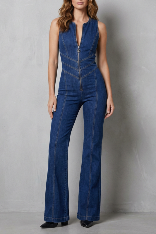 Phoebe | Sleeveless Denim Jumpsuit Blue Stretch Flare Zip-Front for Women