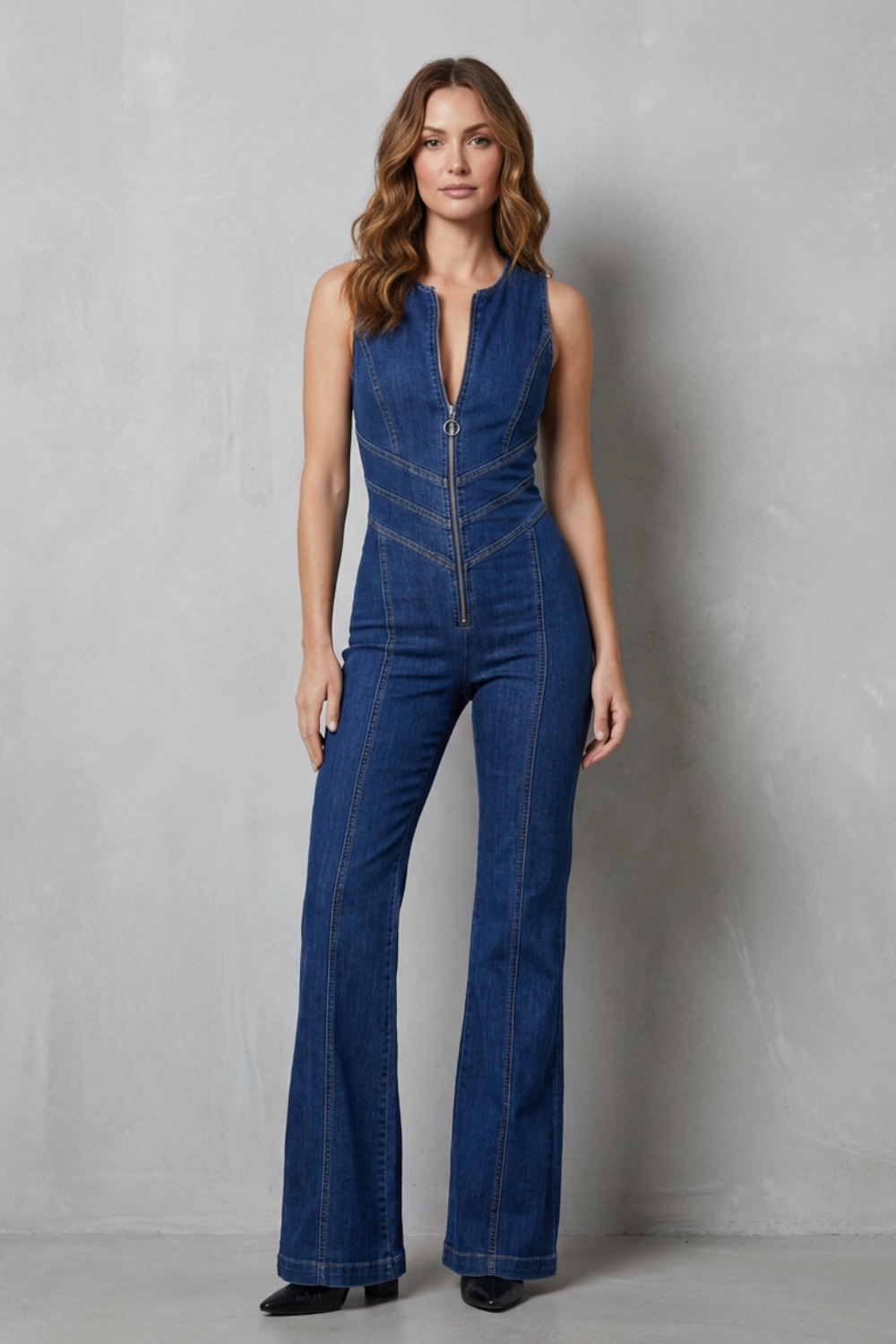 Phoebe | Sleeveless Denim Jumpsuit Blue Stretch Flare Zip-Front for Women