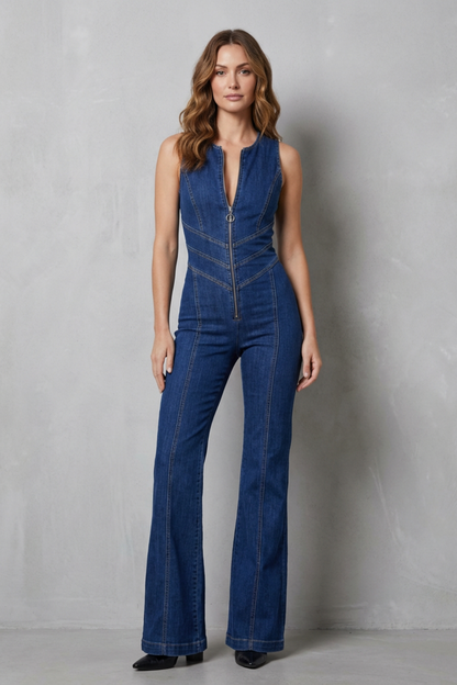 Phoebe | Sleeveless Denim Jumpsuit Blue Stretch Flare Zip-Front for Women